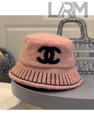 Chanel Shearling Wool Bucket Hat with Stripes Embroidered Pink 2020
