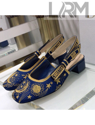 Dior x Moi Slingback Pumps 3.5cm in Navy Blue Star Embroidered Cotton 2021