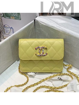 Chanel Quilted Lambskin Mini Wallet on Chain WOC with Colored Crystal CC Charm Yellow 2020
