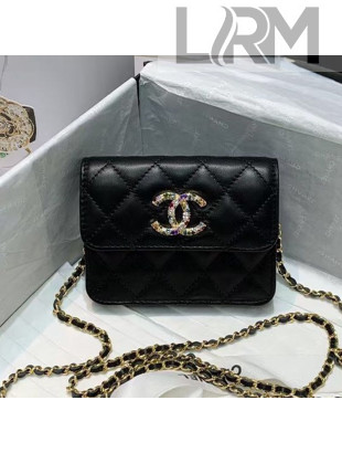 Chanel Quilted Lambskin Mini Wallet on Chain WOC with Colored Crystal CC Charm Black 2020