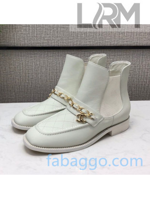 Chanel Quilted Calfskin Short Chelsea Boot with Chain White 2020