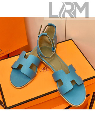 Hermes Santorini Sandal in Grainy Epsom Calfskin Blue 03 2021(Handmand)