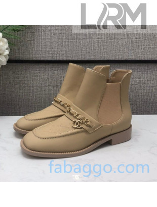 Chanel Quilted Calfskin Short Chelsea Boot with Chain Beige 2020