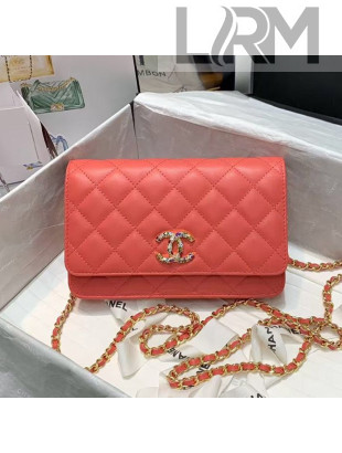 Chanel Quilted Lambskin Wallet on Chain WOC with Colored Crystal CC Charm AP1943 Coral Pink 2020