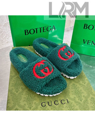 Gucci Shearling Slide Sandals with Interlocking G Embroidery Green 2020