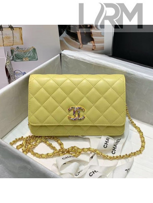 Chanel Quilted Lambskin Wallet on Chain WOC with Colored Crystal CC Charm AP1943 Yellow 2020