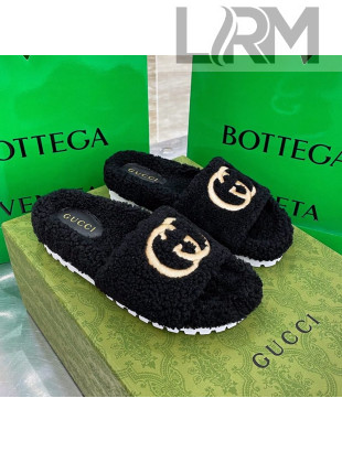 Gucci Shearling Slide Sandals with Interlocking G Embroidery Black 2020