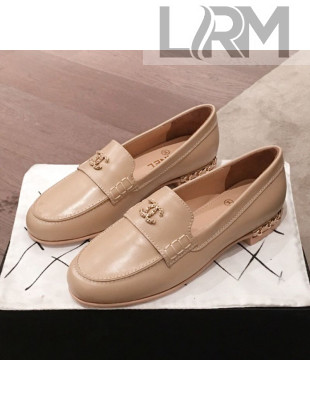 Chanel Lambskin Chain Leather Trim Loafers Apricot 2019