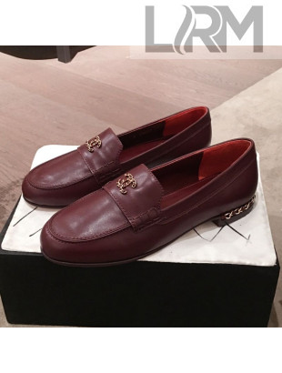 Chanel Lambskin Chain Leather Trim Loafers Burgundy 2019