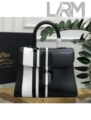 Delvaux Brillant MM Top Handle Bag in Sporty Stripes Box Calf Leather Black/White 2020