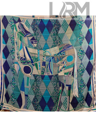 Hermes Cashmere Silk Patchwork Horse Shawl Scarf 140x140cm Light Blue 2020