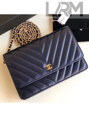 Chanel Chevron Lambskin Wallet on Chain WOC Bag Blue(Gold-tone Metal)