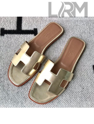 Hermes Oran H Flat Slipper Sandals in Smooth Metallic Calfskin Gold 2021(Handmade)