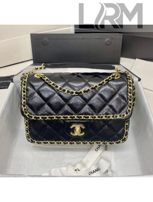 Chanel Quilted Shiny Crumpled Calfskin Medium Flap Bag with Chain Charm AS1672 Black/Gold 2020