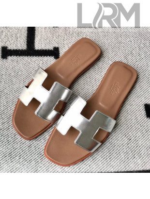 Hermes Oran H Flat Slipper Sandals in Smooth Metallic Calfskin Silver 2021(Handmade)