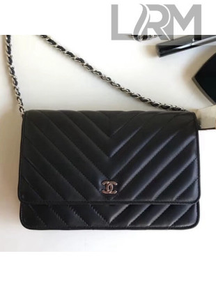 Chanel Chevron Lambskin Wallet on Chain WOC Bag Black (Silver-tone Metal)