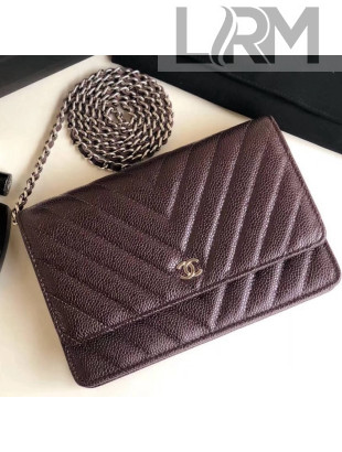 Chanel Chevron Grained Calfskin Wallet on Chain WOC Bag Burgundy (Silver-tone Metal)