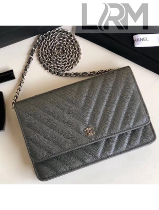 Chanel Chevron Grained Calfskin Wallet on Chain WOC Bag Grey (Silver-tone Metal)