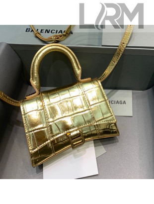 Balenciaga Hourglass Mini Nano Top Handle Bag in Crocodile Embossed Calfskin Gold 2021