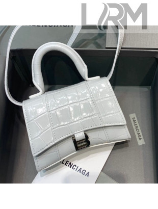 Balenciaga Hourglass Mini Nano Top Handle Bag in Crocodile Embossed Calfskin White 2021
