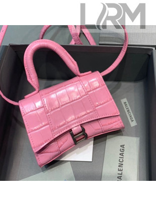 Balenciaga Hourglass Mini Nano Top Handle Bag in Crocodile Embossed Calfskin Pink 2021