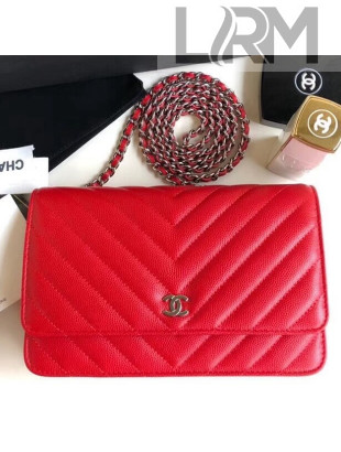 Chanel Chevron Grained Calfskin Wallet on Chain WOC Bag Red (Silver-tone Metal)
