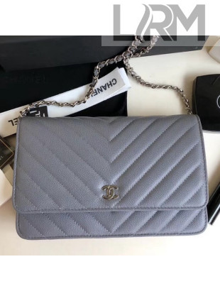 Chanel Chevron Grained Calfskin Wallet on Chain WOC Bag Light Grey(Silver-tone Metal)