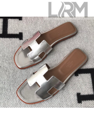 Hermes Oran H Flat Slipper Sandals in Smooth Metallic Calfskin Silver 03 2021(Handmade) 