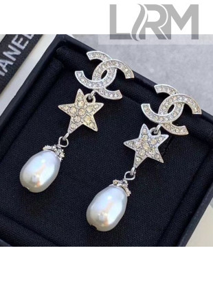 Chanel Crystal Star Pearl Short Earrings Silver 2020