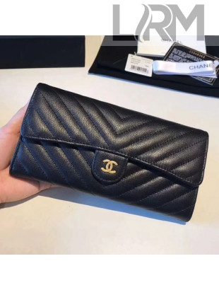 Chanel Chevron Soft Calfskin Classic Flap Wallet Black 2018