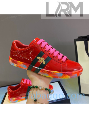 Gucci Ace Patent Leather Sneakers with Luminous Print Sole Red 04 (For Women and Men)