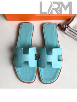 Hermes Oran H Flat Slipper Sandals in Epsom Grainy Calfskin Macaron Blue 2021(Handmade)