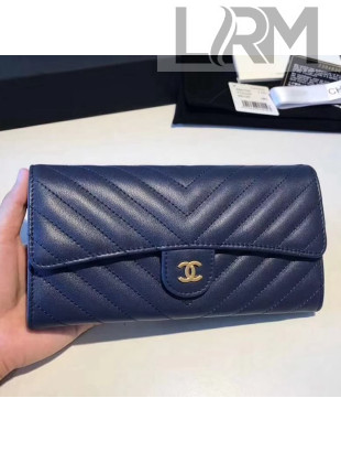 Chanel Chevron Soft Calfskin Classic Flap Wallet Navy Blue 2018
