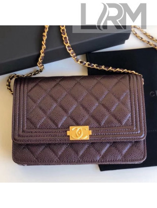 Chanel Grained Calfskin Boy Chanel Wallet on Chain WOC Bag Burgundy (Gold-tone Metal)