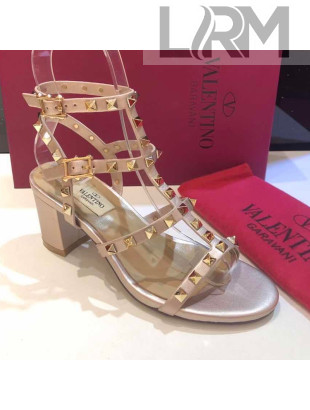 Valentino Rockstud Calfskin Ankle Strap Sandals 6.5cm Gold 2021 05