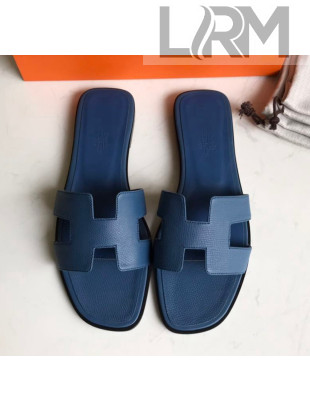 Hermes Oran H Flat Slipper Sandals in Epsom Grainy Calfskin Navy Blue 2021(Handmade)