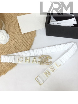 Chanel Stretch Pleated Leather Crystal Belt 30mm with CC Buckle AA0539 White 2020