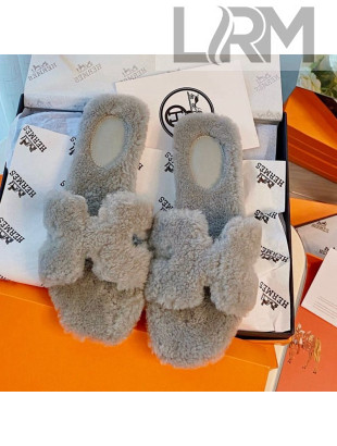 Hermes Oran Wool Classic H Flat Slide Sandals Light Grey 2021