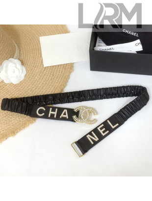 Chanel Stretch Pleated Leather Crystal Belt 30mm with CC Buckle AA0539 Black 2020