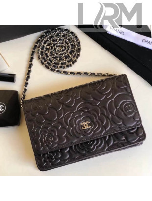 Chanel Camellia Lambskin Wallet on Chain WOC Bag Black (Silver-tone Metal)