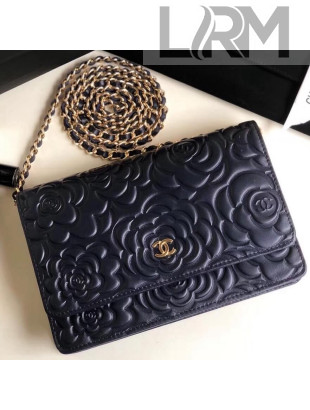 Chanel Camellia Lambskin Wallet on Chain WOC Bag Blue (Gold-tone Metal)