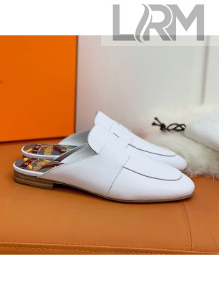 Hermes Catena Supple Calfskin Flat Mules with Cut out H White 2021