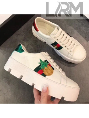 Gucci Ace White Calfskin Pineapple Embroidered Platform Sneaker 577573 2019