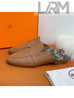 Hermes Catena Supple Calfskin Flat Mules with Cut out H Brown 2021