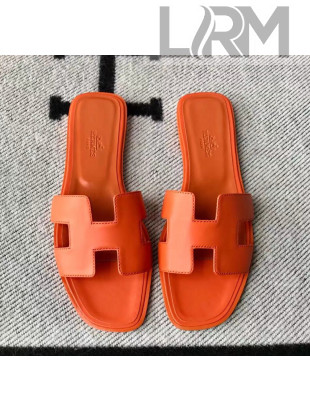 Hermes Oran H Flat Slipper Sandals in Smooth Calfskin Orange 2021(Handmade)