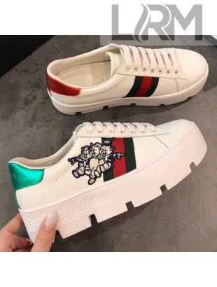 Gucci Ace White Calfskin Piglets Embroidered Platform Sneaker 577573 2019