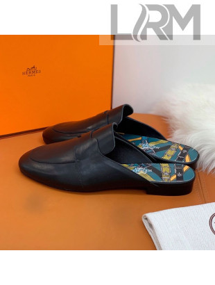 Hermes Catena Supple Calfskin Flat Mules with Cut out H Black 2021