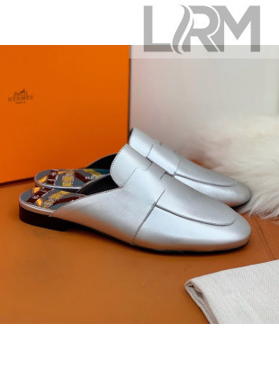 Hermes Catena Supple Calfskin Flat Mules with Cut out H Silver 2021