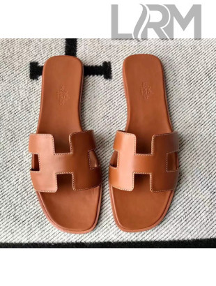 Hermes Oran H Flat Slipper Sandals in Smooth Calfskin Brown 2021(Handmade)