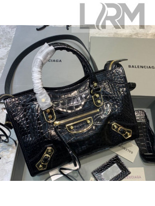 Balenciaga Classic City Small Bag in Shiny Crocodile Embossed Leather Black 2021